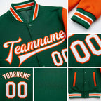 Custom Kelly Green White-Orange Bomber Full-Snap Varsity Letterman Two Tone Jacket detail