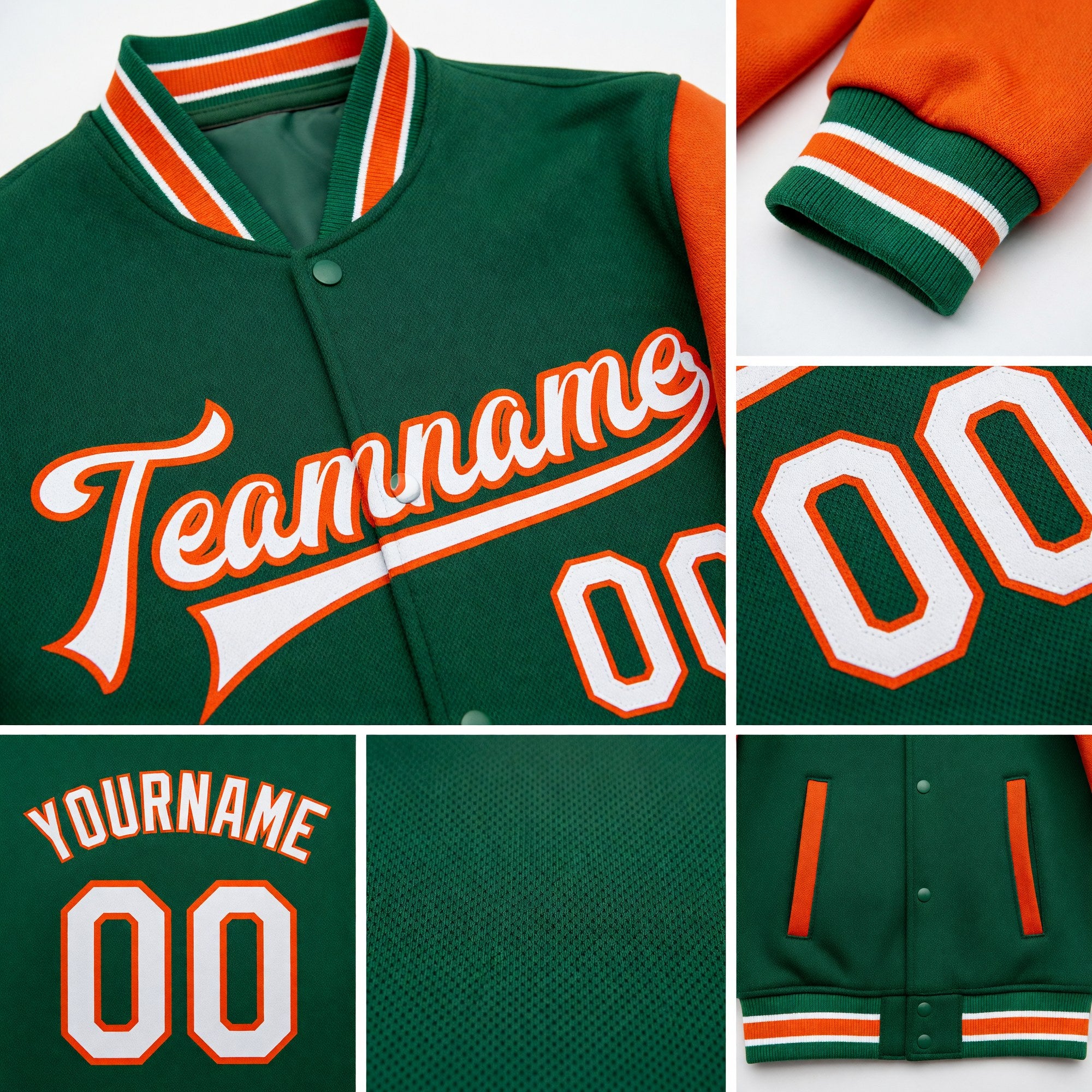 Custom Kelly Green White-Orange Bomber Full-Snap Varsity Letterman Two Tone Jacket detail