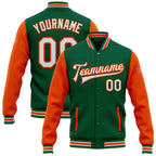 Custom Kelly Green White-Orange Bomber Full-Snap Varsity Letterman Two Tone Jacket photo 1