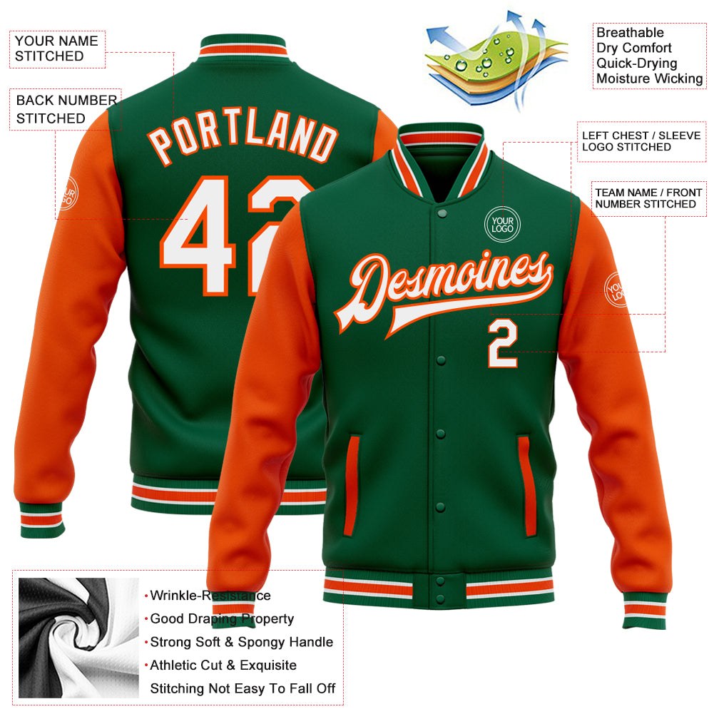 Custom Kelly Green White-Orange Bomber Full-Snap Varsity Letterman Two Tone Jacket photo 5