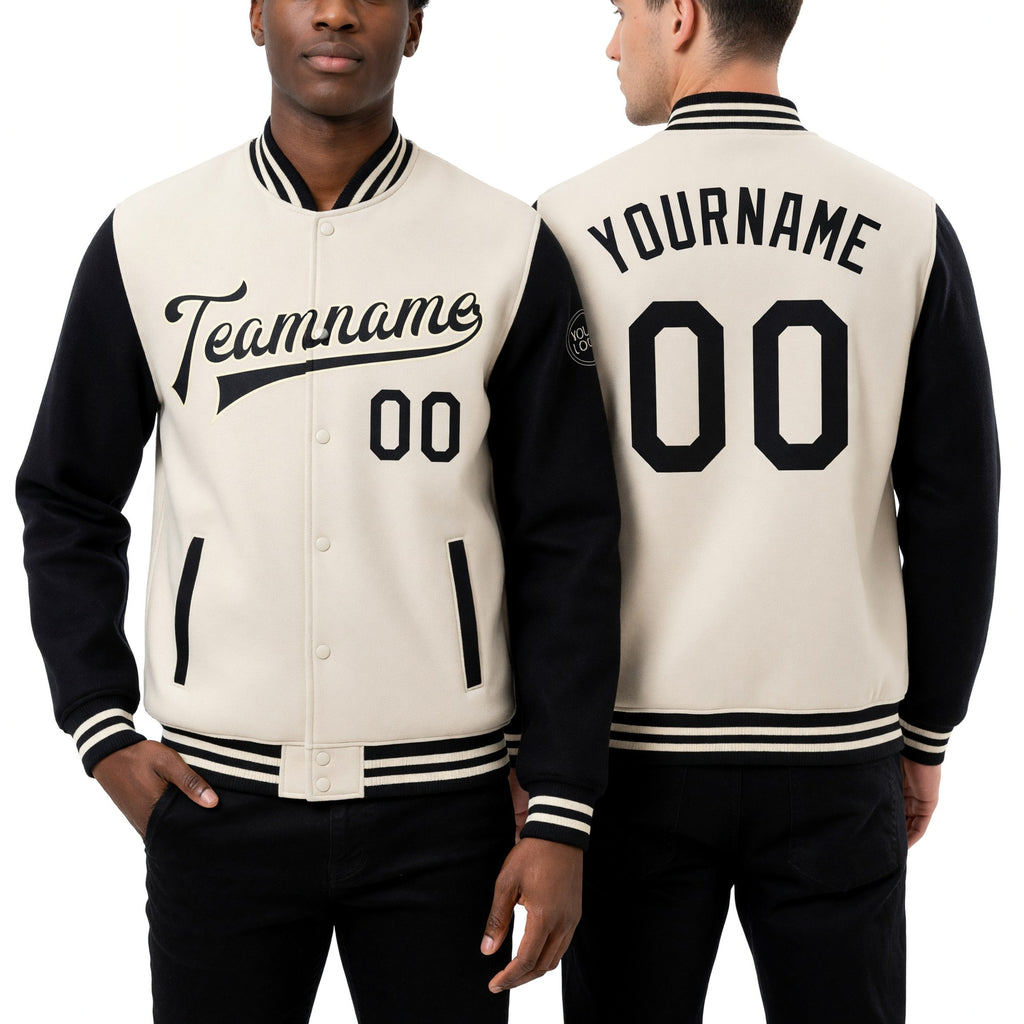 Custom Cream Black Bomber Full-Snap Varsity Letterman Two Tone Jacket worn front and back