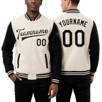 Custom Cream Black Bomber Full-Snap Varsity Letterman Two Tone Jacket worn front and back