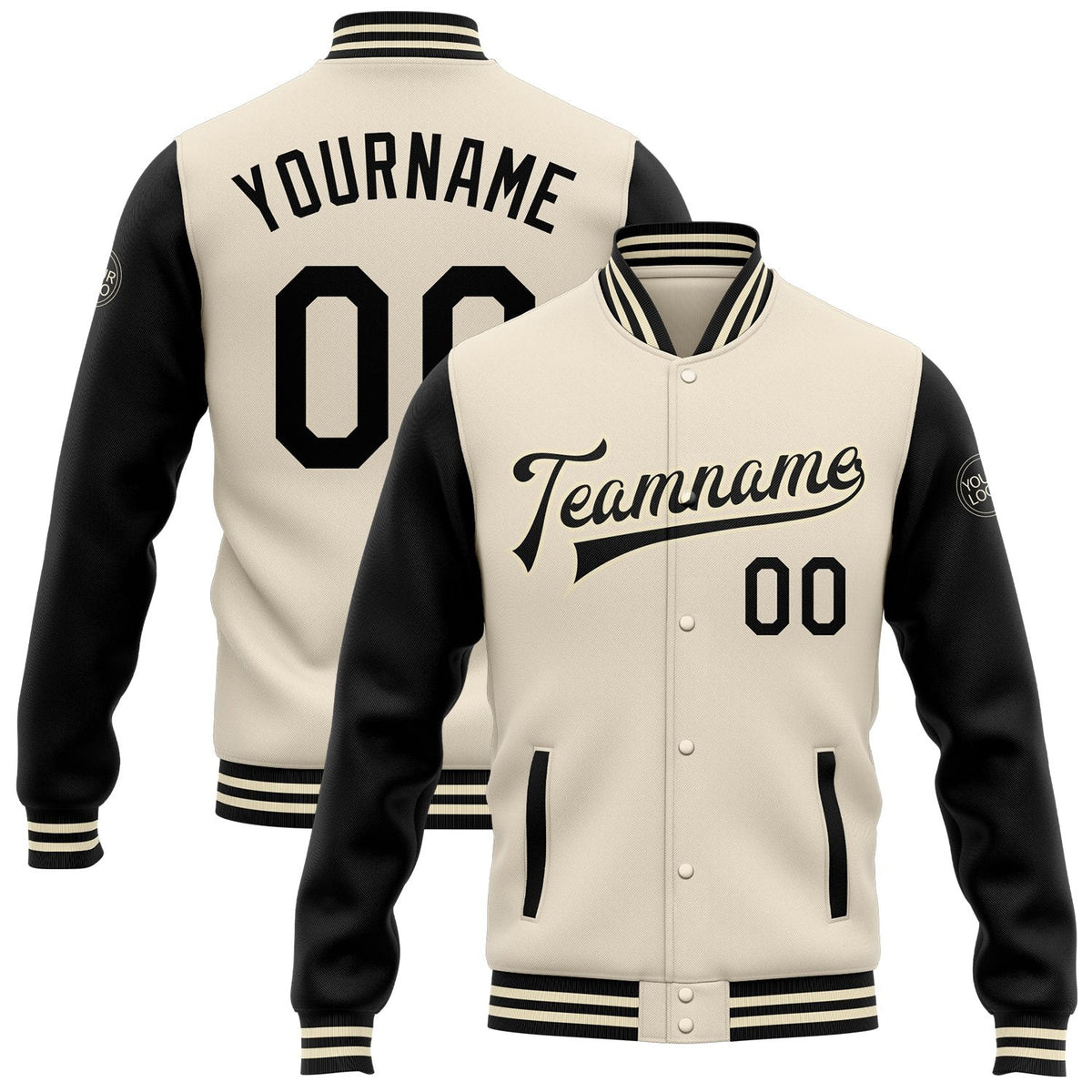 Custom Cream Black Bomber Full-Snap Varsity Letterman Two Tone Jacket