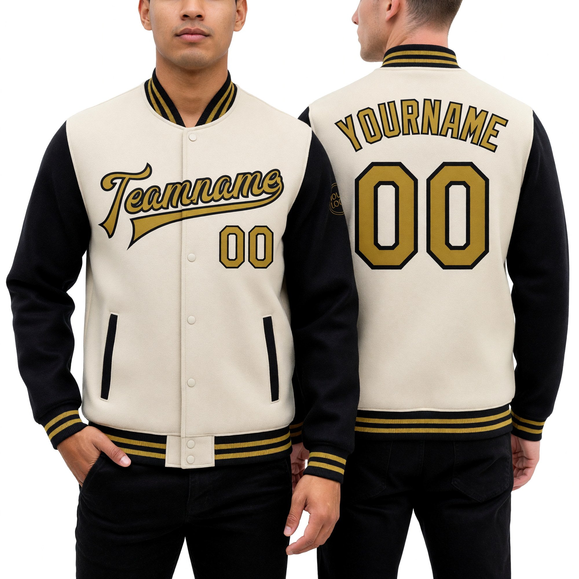 Custom Cream Old Gold-Black Bomber Full-Snap Varsity Letterman Two Tone Jacket worn front and back