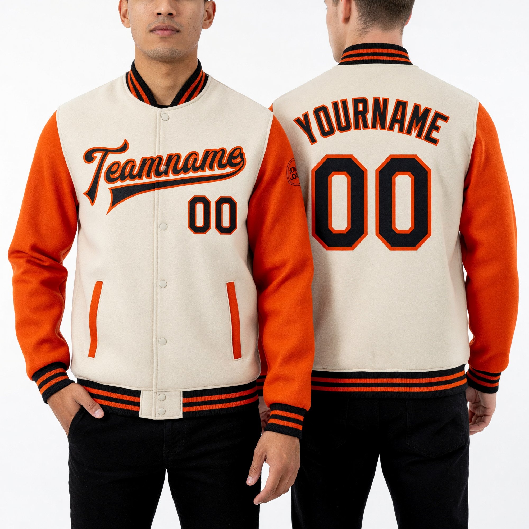 Custom Cream Black-Orange Bomber Full-Snap Varsity Letterman Two Tone Jacket worn front and back