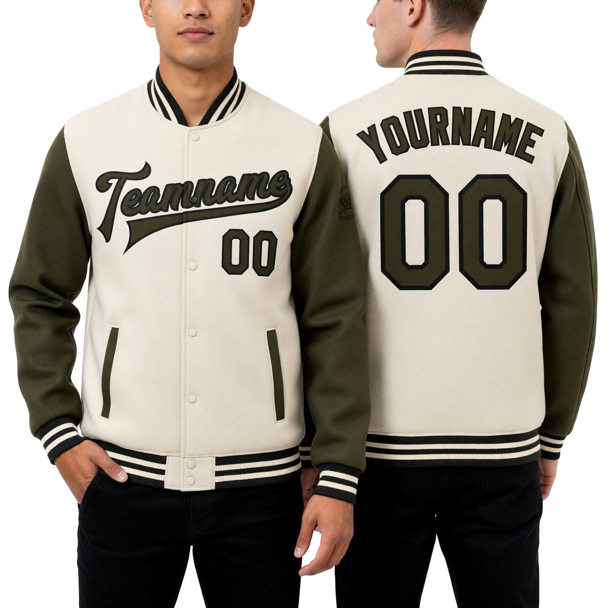 Custom Cream Olive-Black Bomber Full-Snap Varsity Letterman Two Tone Jacket worn front and back