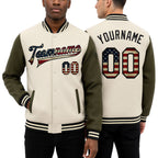 Custom Cream Vintage USA Flag Olive-Black Bomber Full-Snap Varsity Letterman Two Tone Jacket worn front and back