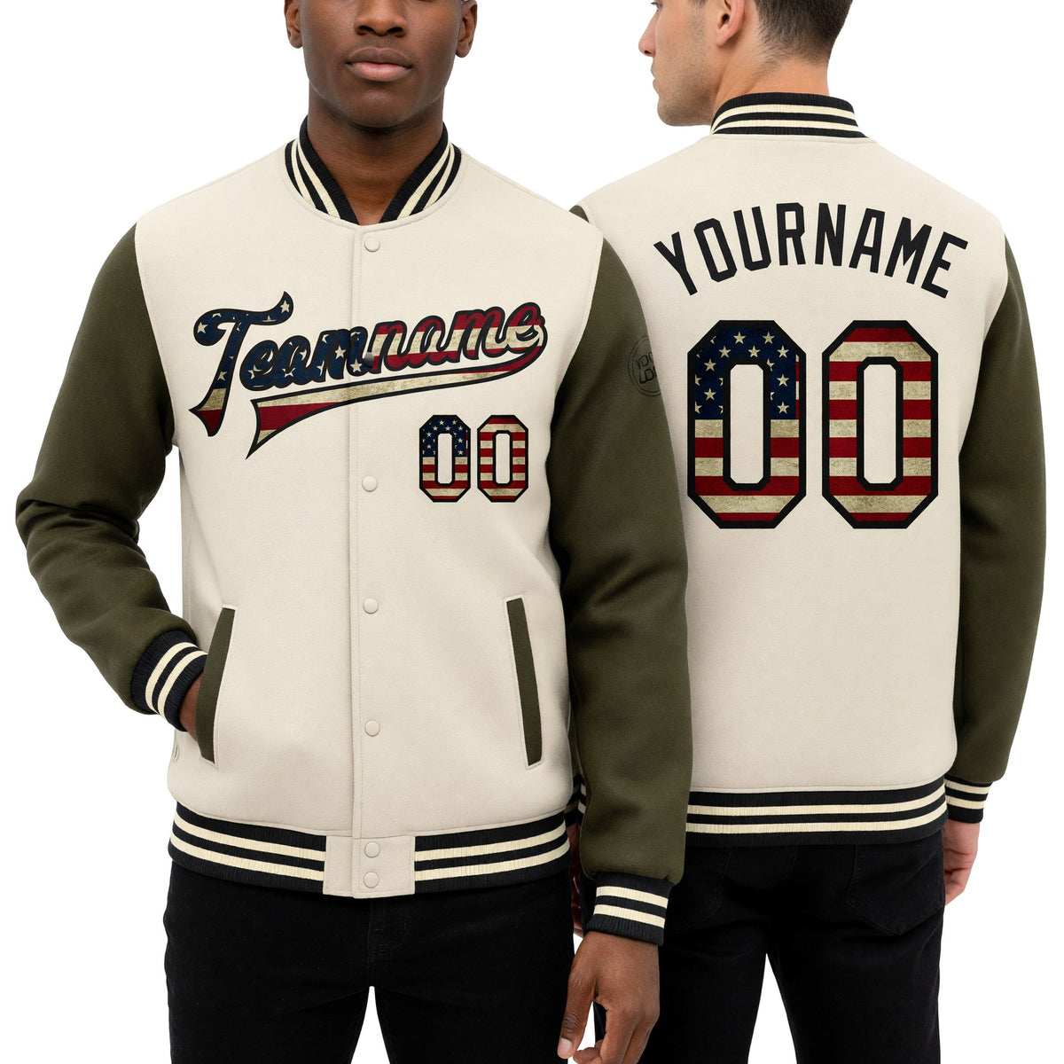 Custom Cream Vintage USA Flag Olive-Black Bomber Full-Snap Varsity Letterman Two Tone Jacket worn front and back