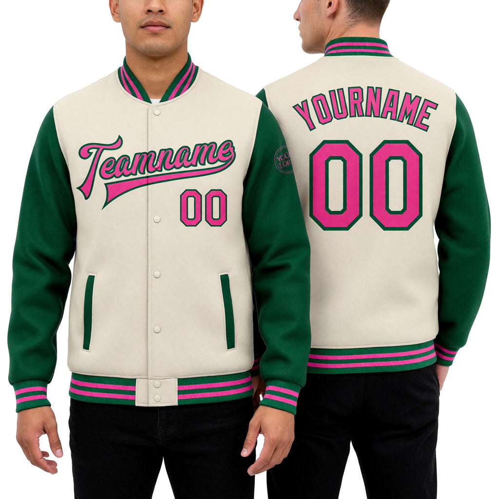 Custom Cream Pink-Kelly Green Bomber Full-Snap Varsity Letterman Two Tone Jacket worn front and back