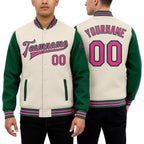 Custom Cream Pink-Kelly Green Bomber Full-Snap Varsity Letterman Two Tone Jacket worn front and back