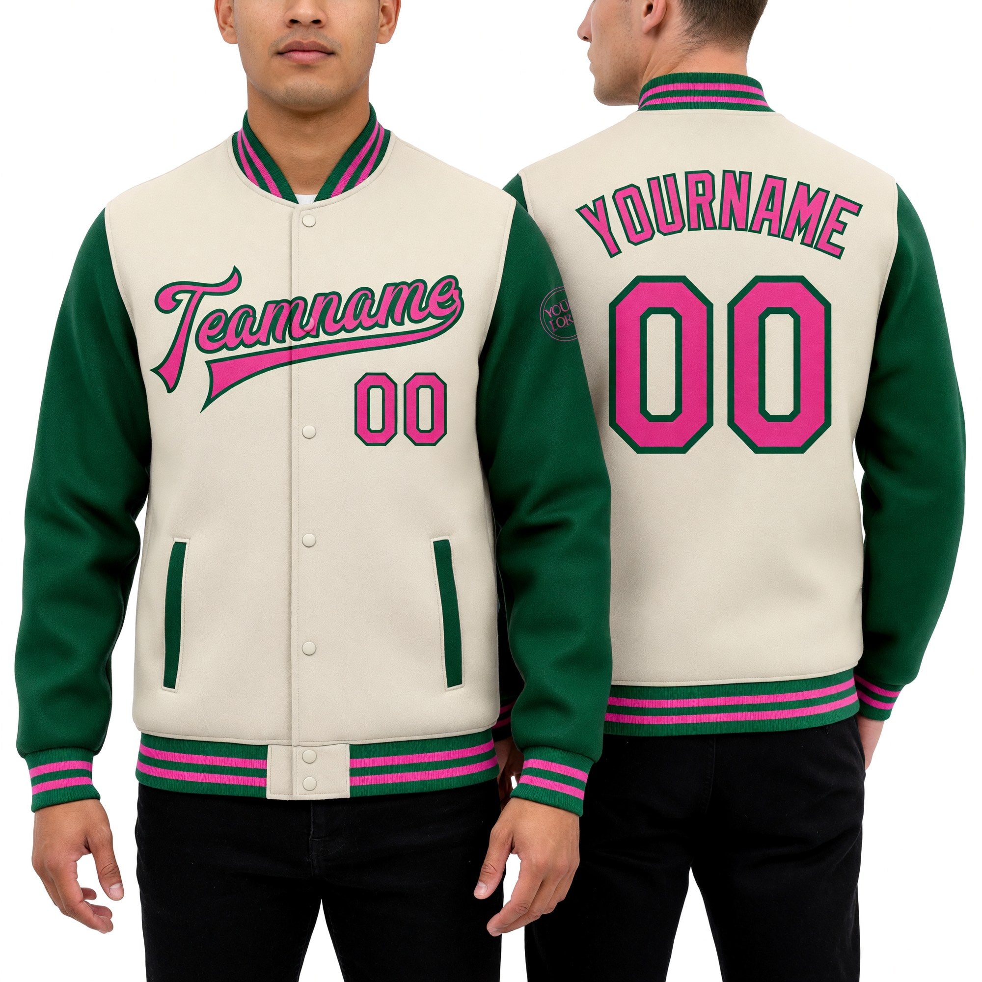 Custom Cream Pink-Kelly Green Bomber Full-Snap Varsity Letterman Two Tone Jacket worn front and back