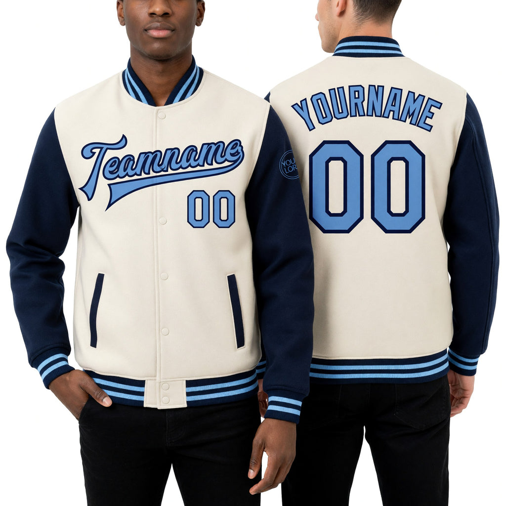 Custom Cream Light Blue-Navy Bomber Full-Snap Varsity Letterman Two Tone Jacket worn front and back