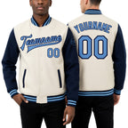 Custom Cream Light Blue-Navy Bomber Full-Snap Varsity Letterman Two Tone Jacket worn front and back