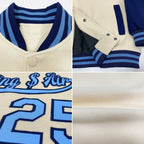 Custom Cream Light Blue-Navy Bomber Full-Snap Varsity Letterman Two Tone Jacket photo 4