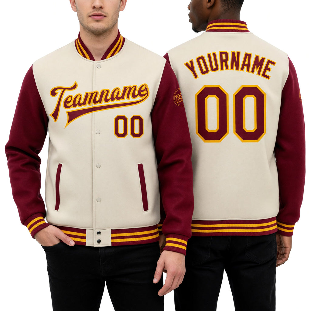 Custom Cream Crimson-Gold Bomber Full-Snap Varsity Letterman Two Tone Jacket worn front and back