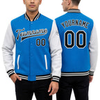Custom Powder Blue Black-White Bomber Full-Snap Varsity Letterman Two Tone Jacket worn front and back