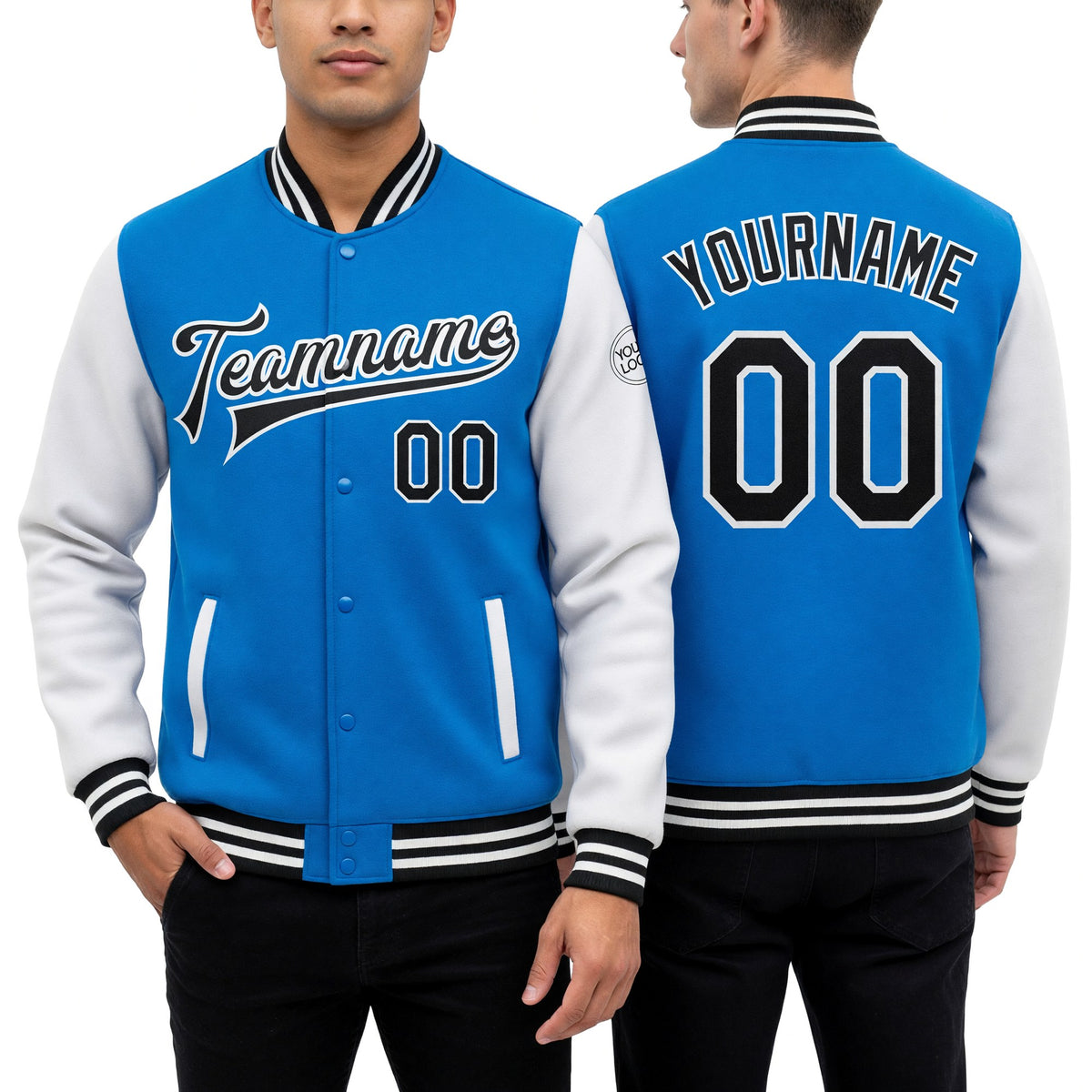 Custom Powder Blue Black-White Bomber Full-Snap Varsity Letterman Two Tone Jacket worn front and back
