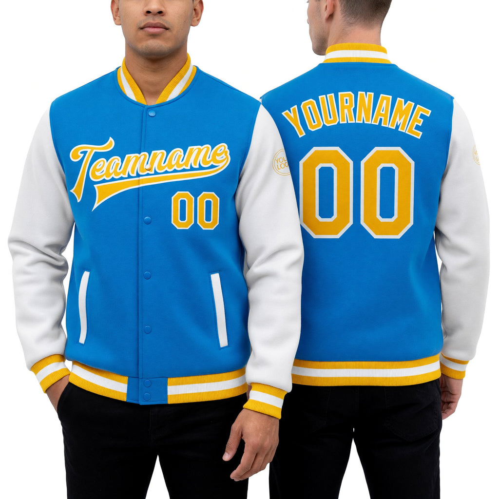 Custom Powder Blue Gold-White Bomber Full-Snap Varsity Letterman Two Tone Jacket worn front and back