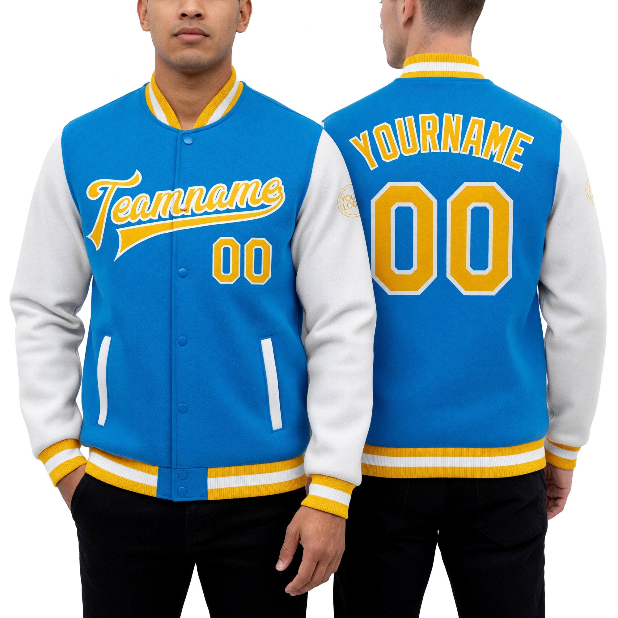 Custom Powder Blue Gold-White Bomber Full-Snap Varsity Letterman Two Tone Jacket worn front and back