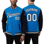 Custom Powder Blue White-Black Bomber Full-Snap Varsity Letterman Two Tone Jacket worn front and back