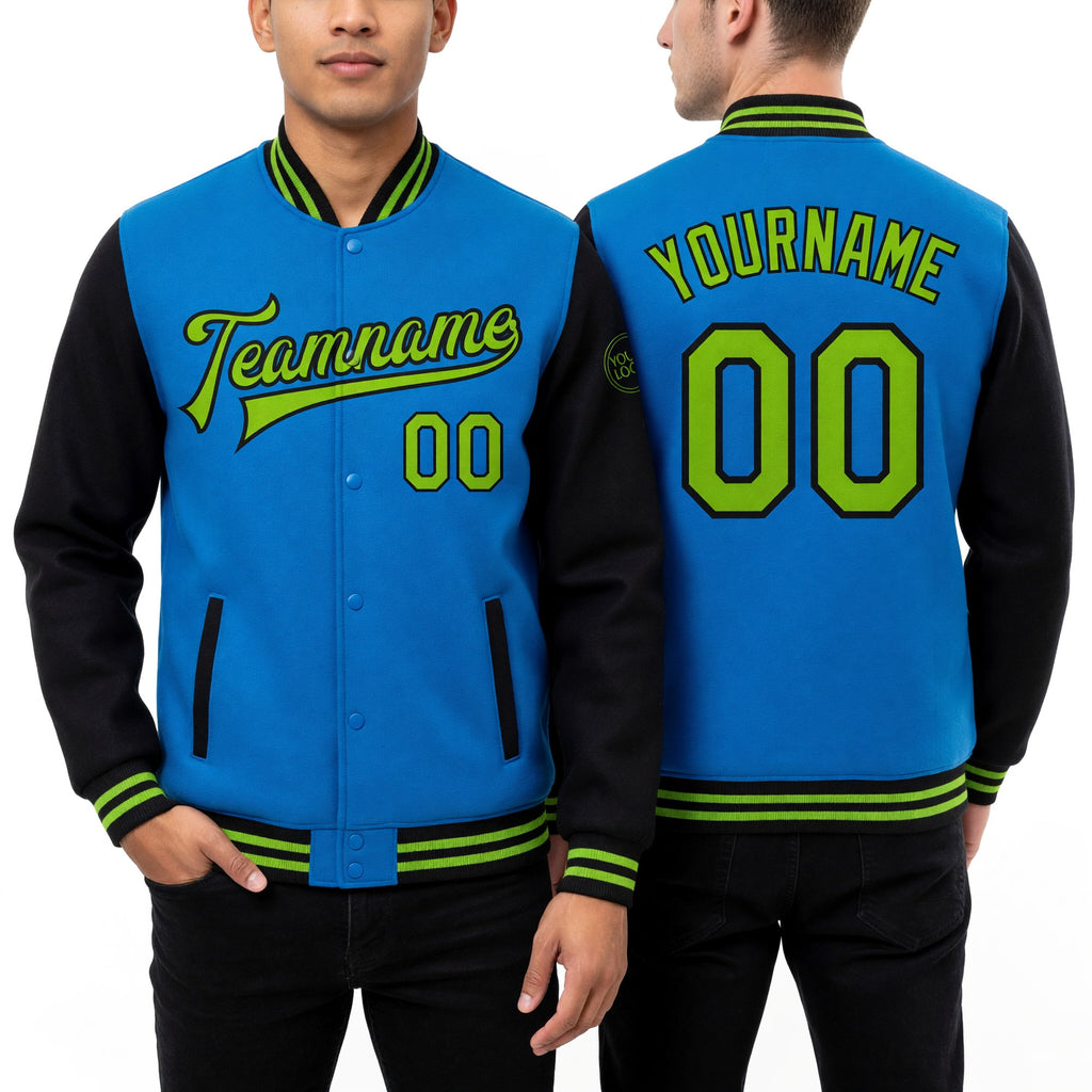 Custom Powder Blue Neon Green-Black Bomber Full-Snap Varsity Letterman Two Tone Jacket worn front and back