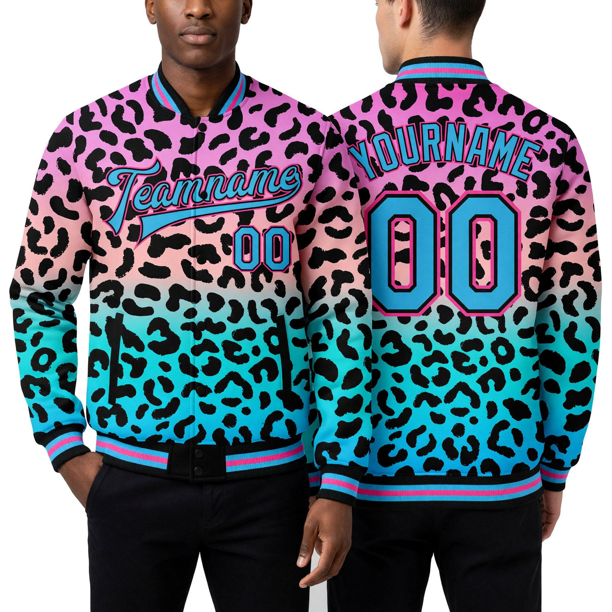Custom Pink Sky Blue-Black Leopard Print 3D Pattern Design Bomber Full-Snap Varsity Letterman Jacket worn front and back