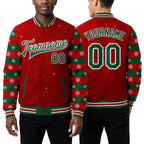Custom Red Kelly Green-White Christmas 3D Bomber Full-Snap Varsity Letterman Jacket worn front and back