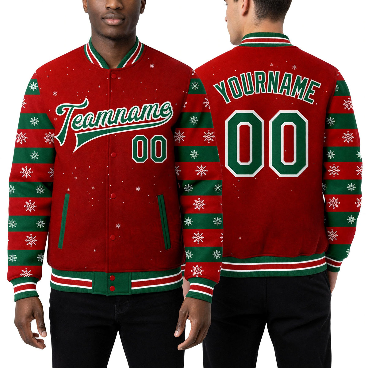 Custom Red Kelly Green-White Christmas 3D Bomber Full-Snap Varsity Letterman Jacket worn front and back