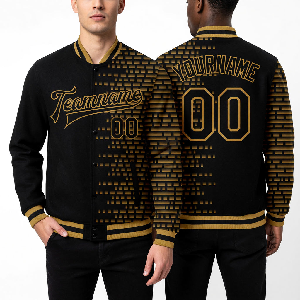 Custom Black Old Gold Halftone 3D Pattern Design Bomber Full-Snap Varsity Letterman Jacket worn front and back