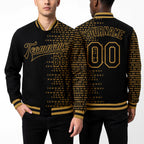 Custom Black Old Gold Halftone 3D Pattern Design Bomber Full-Snap Varsity Letterman Jacket worn front and back