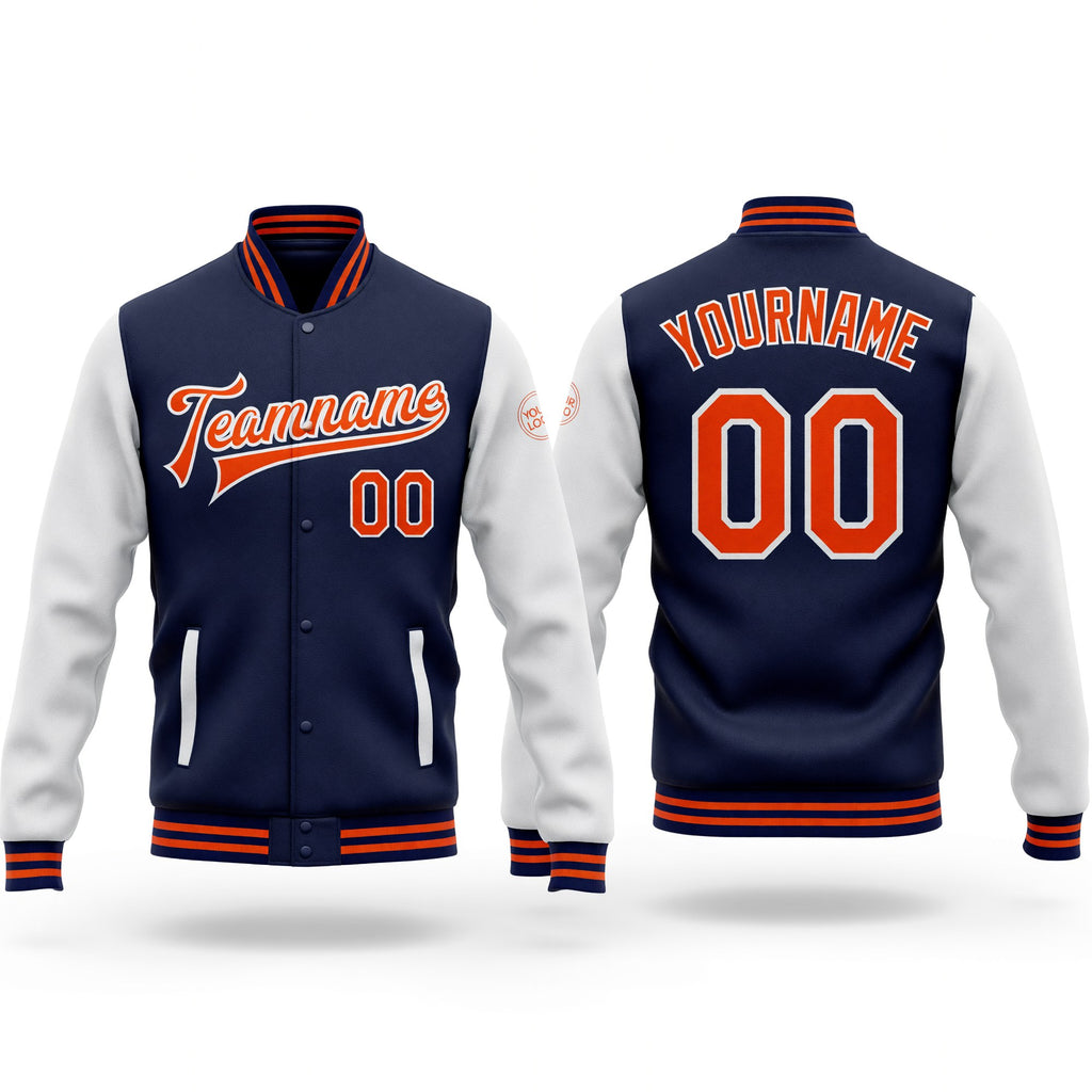 Custom Navy Orange-White Bomber Full-Snap Varsity Letterman Two Tone Jacket