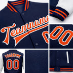 Custom Navy Orange-White Bomber Full-Snap Varsity Letterman Two Tone Jacket detail