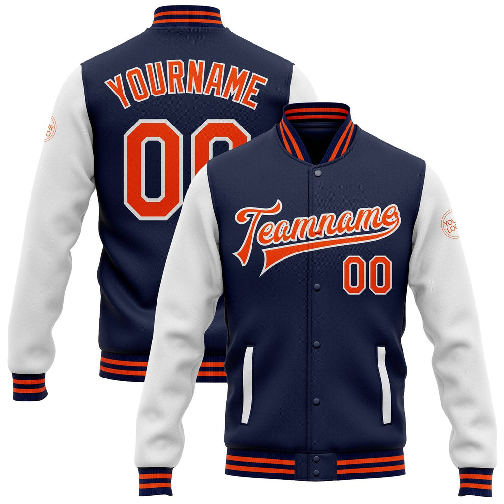 Custom Navy Orange-White Bomber Full-Snap Varsity Letterman Two Tone Jacket photo 1