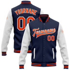 Custom Navy Orange-White Bomber Full-Snap Varsity Letterman Two Tone Jacket photo 1