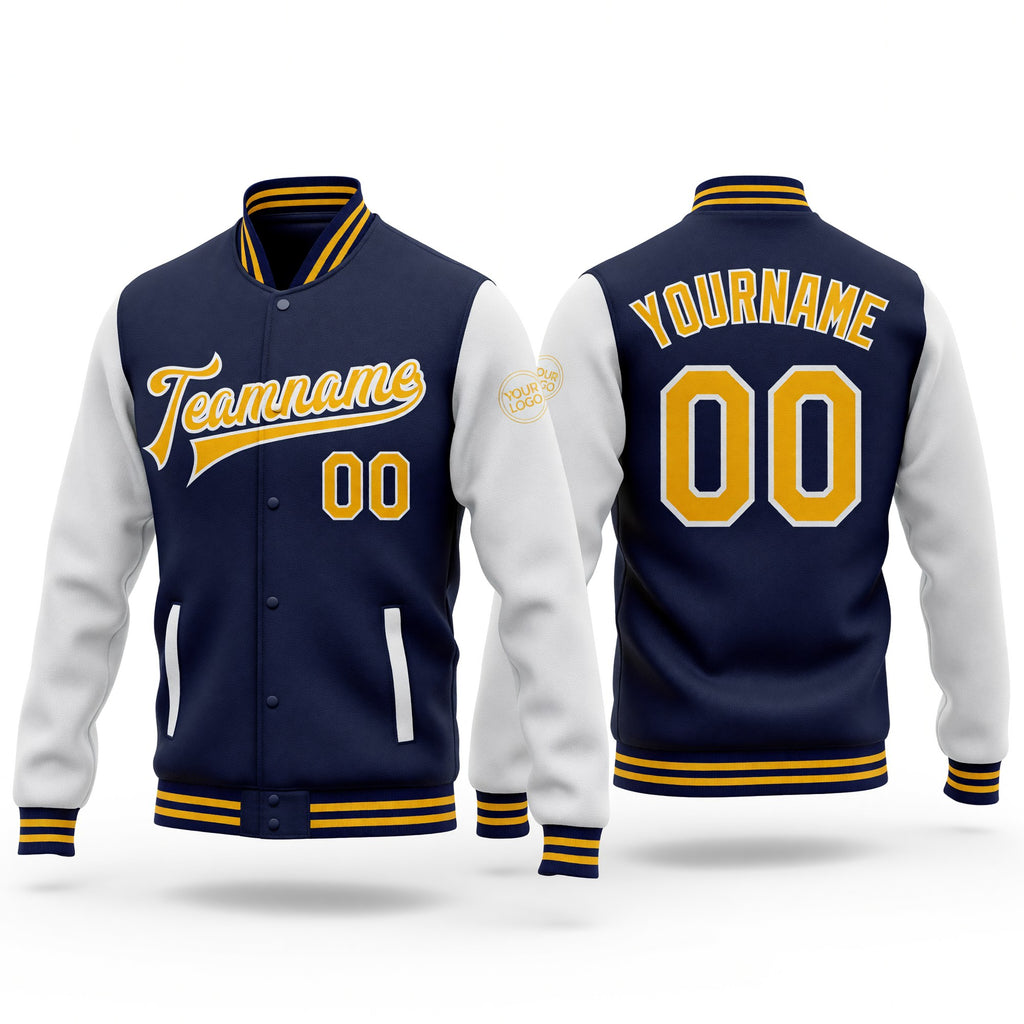 Custom Navy Gold-White Bomber Full-Snap Varsity Letterman Two Tone Jacket