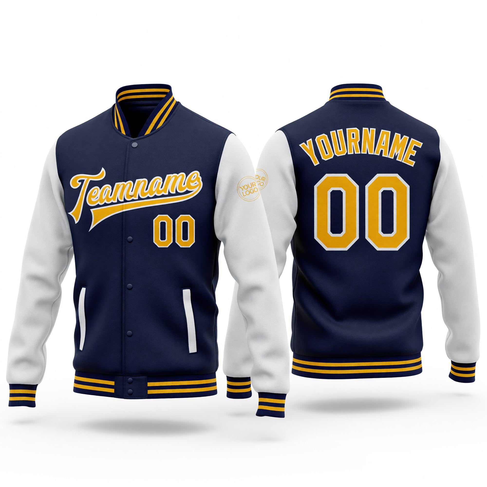 Custom Navy Gold-White Bomber Full-Snap Varsity Letterman Two Tone Jacket