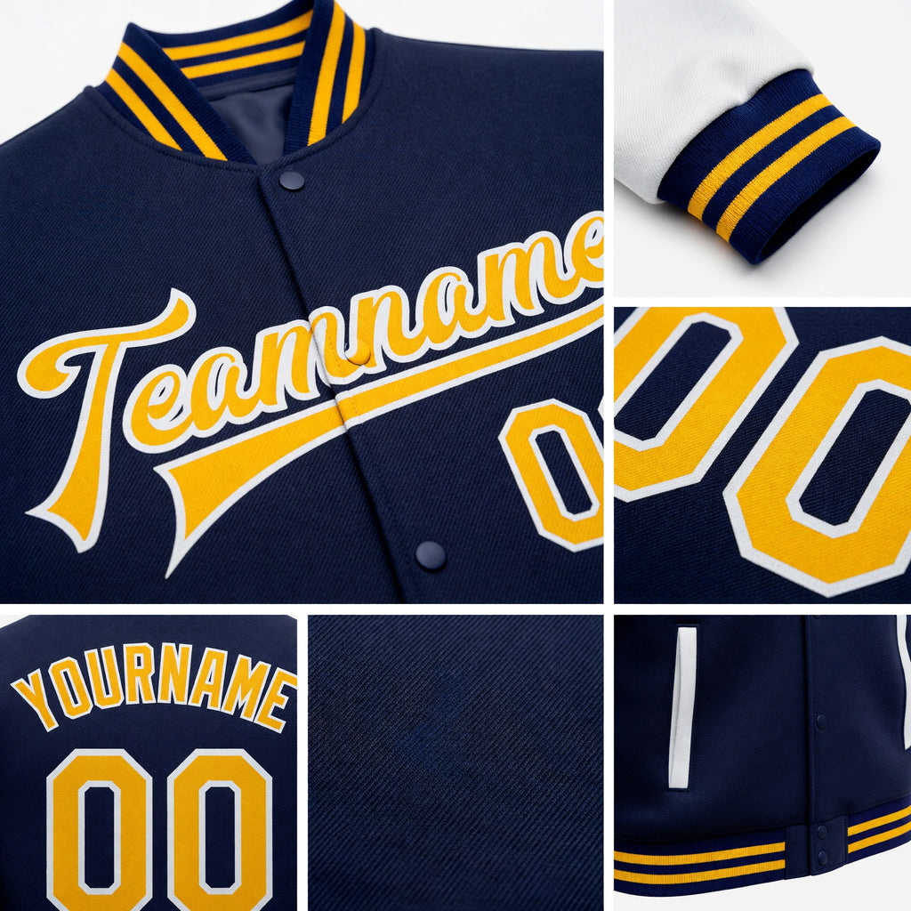 Custom Navy Gold-White Bomber Full-Snap Varsity Letterman Two Tone Jacket detail