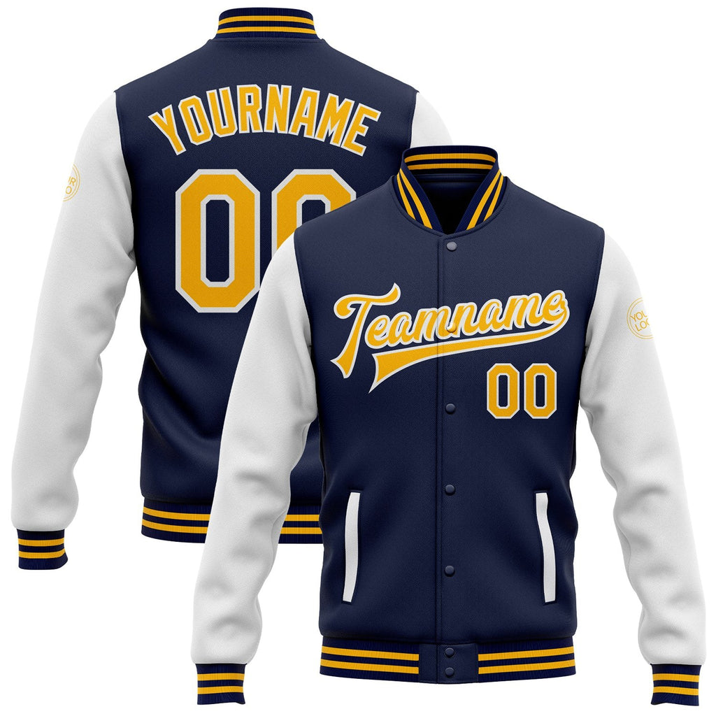 Custom Navy Gold-White Bomber Full-Snap Varsity Letterman Two Tone Jacket photo 1