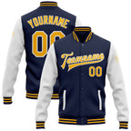 Custom Navy Gold-White Bomber Full-Snap Varsity Letterman Two Tone Jacket photo 1