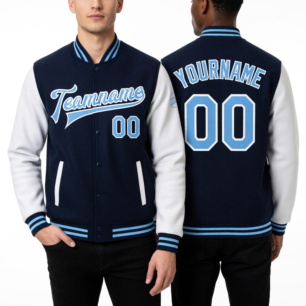 Custom Navy Light Blue-White Bomber Full-Snap Varsity Letterman Two Tone Jacket worn front and back