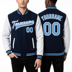 Custom Navy Light Blue-White Bomber Full-Snap Varsity Letterman Two Tone Jacket worn front and back