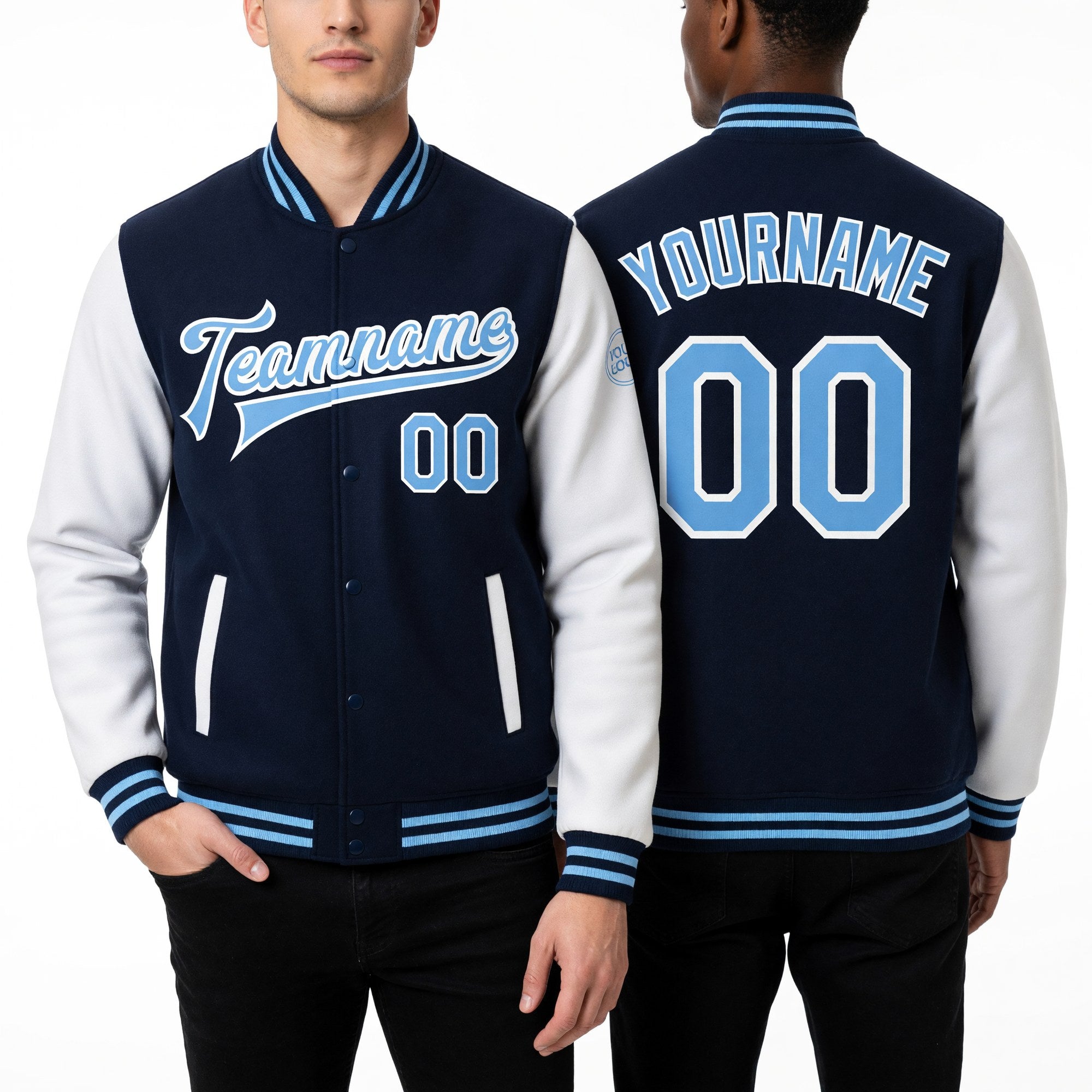 Custom Navy Light Blue-White Bomber Full-Snap Varsity Letterman Two Tone Jacket worn front and back