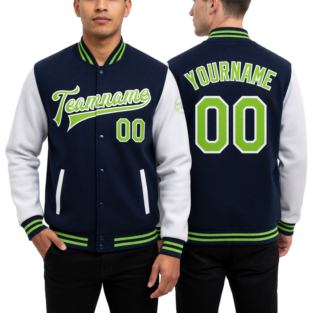 Custom Navy Neon Green-White Bomber Full-Snap Varsity Letterman Two Tone Jacket worn front and back