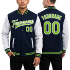 Custom Navy Neon Green-White Bomber Full-Snap Varsity Letterman Two Tone Jacket worn front and back