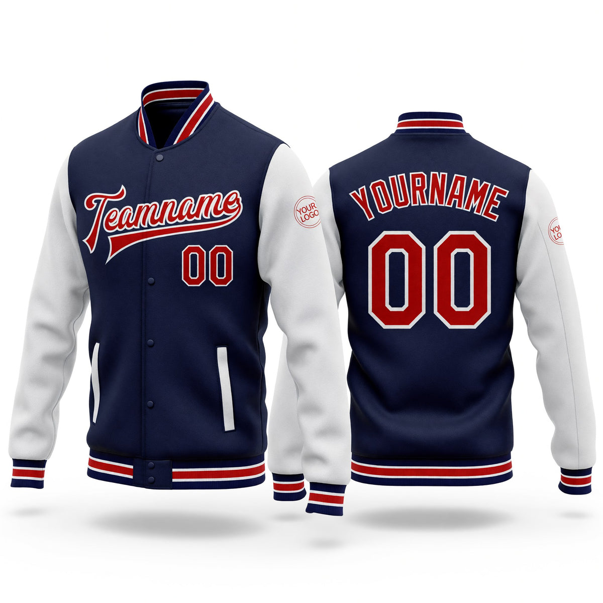 Custom Navy Red-White Bomber Full-Snap Varsity Letterman Two Tone Jacket