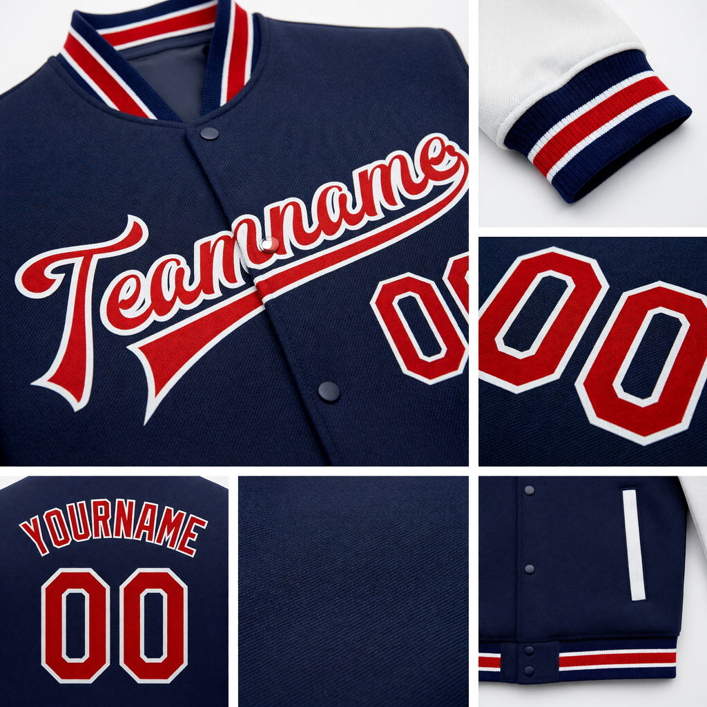 Custom Navy Red-White Bomber Full-Snap Varsity Letterman Two Tone Jacket detail