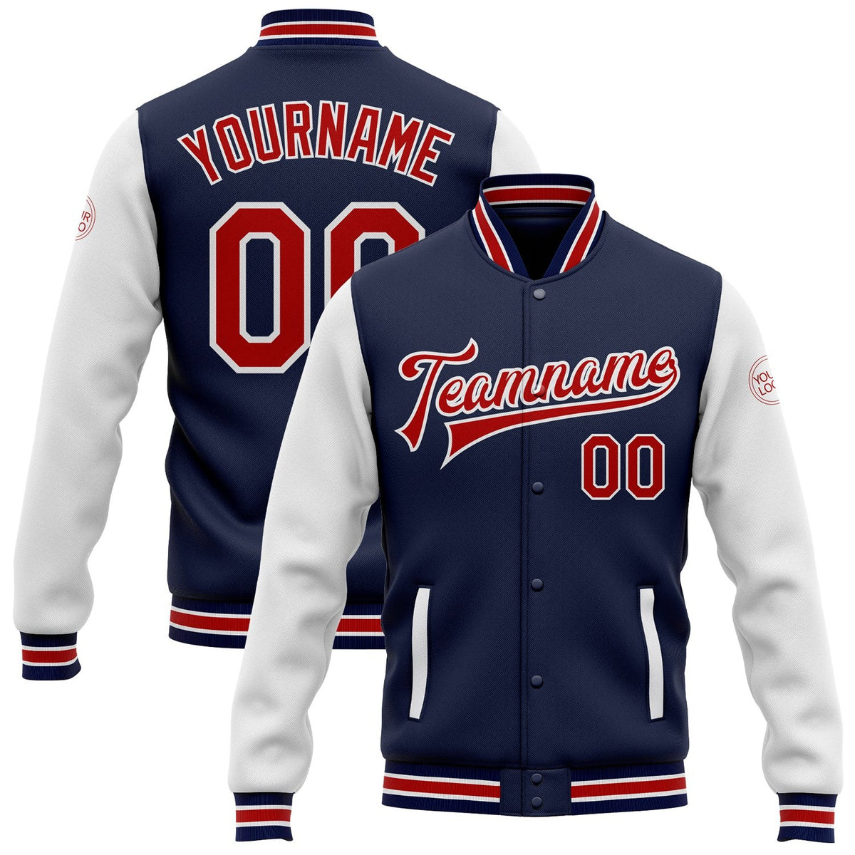 Custom Navy Red-White Bomber Full-Snap Varsity Letterman Two Tone Jacket photo 1