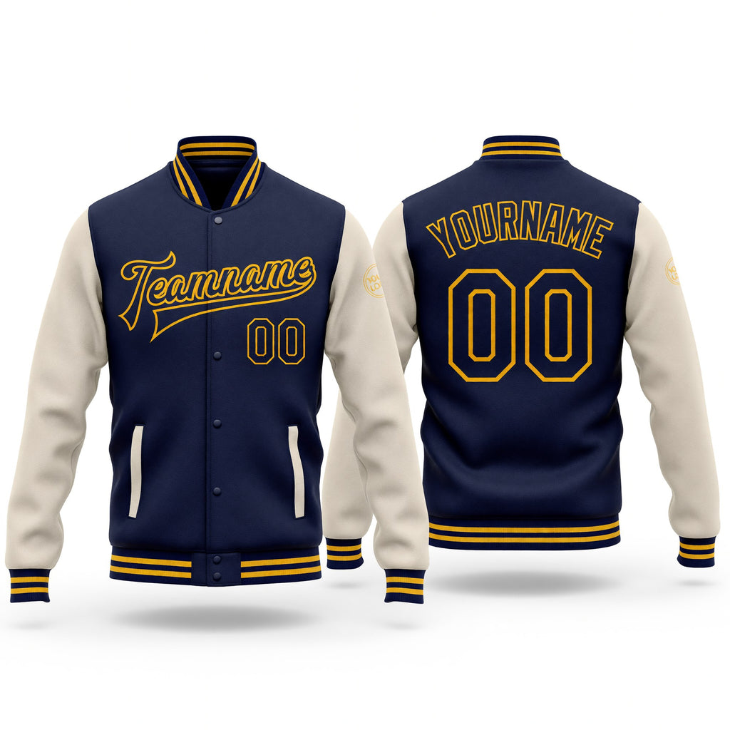 Custom Navy Cream-Gold Bomber Full-Snap Varsity Letterman Two Tone Jacket