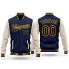 Custom Navy Cream-Gold Bomber Full-Snap Varsity Letterman Two Tone Jacket