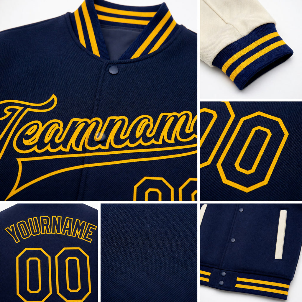 Custom Navy Cream-Gold Bomber Full-Snap Varsity Letterman Two Tone Jacket detail